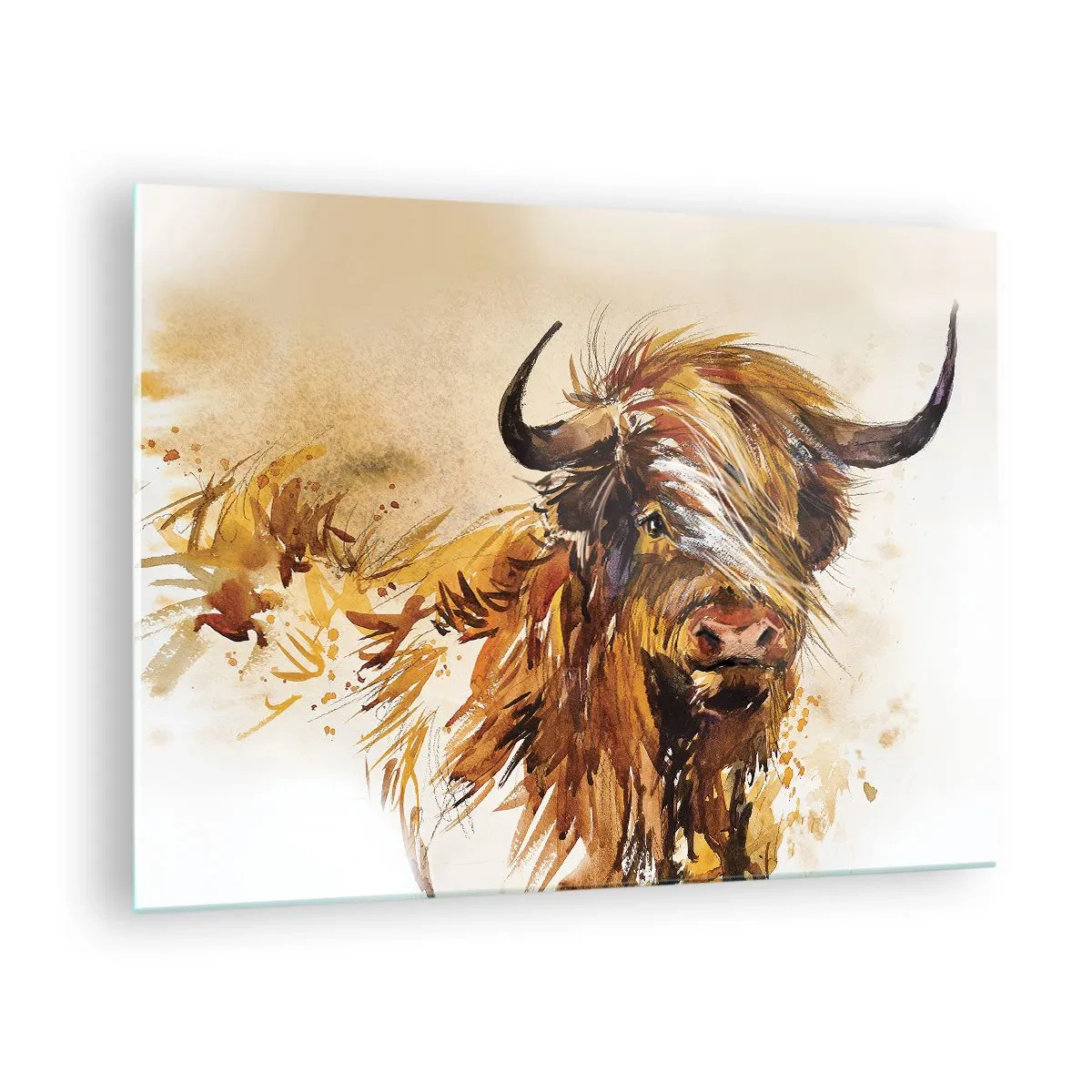 Quadro em vidro - Ilustração em aquarela de um touro escocês de pelo longo - 70x50cm - Orgulho do caçador - Decoração de parede moderna para a sala de estar e quarto ARTTOR