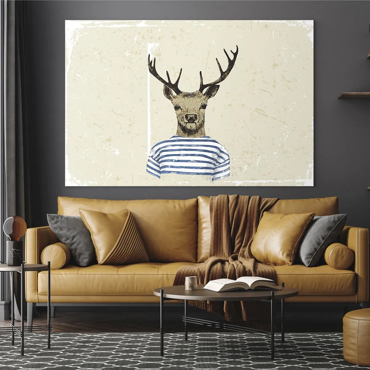 Quadro em vidro - Gráfico de um cervo em uma camisa de marinheiro em um fundo claro - 70x50cm - Porque eu gosto de camisas listradas! - Decoração de parede moderna para a sala de estar e quarto ARTTOR
