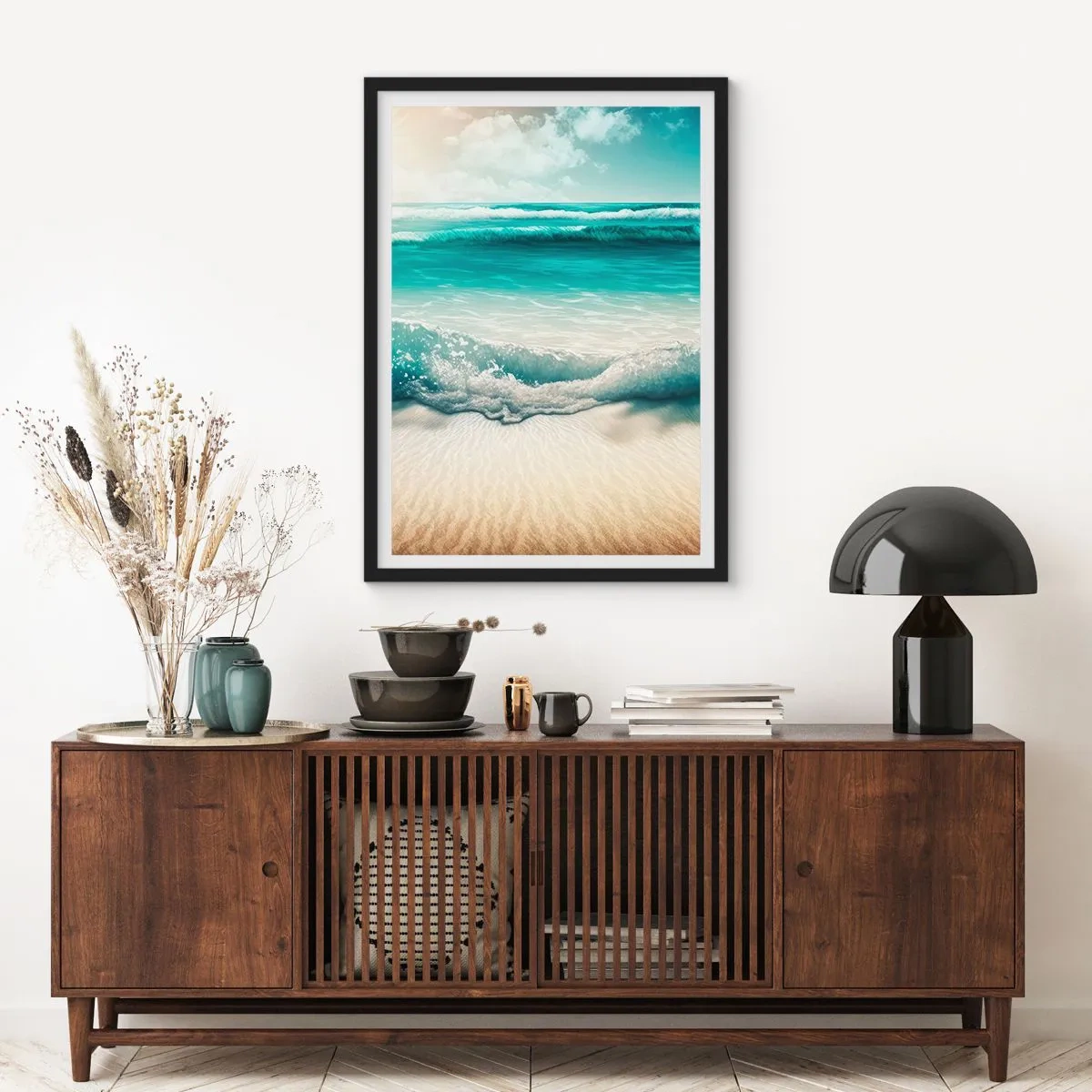 Pôster com moldura preta - Ondas turquesas quebrando na areia dourada da praia - 50x70cm - A paz do oceano - Decoração de parede moderna para a sala de estar e quarto ARTTOR