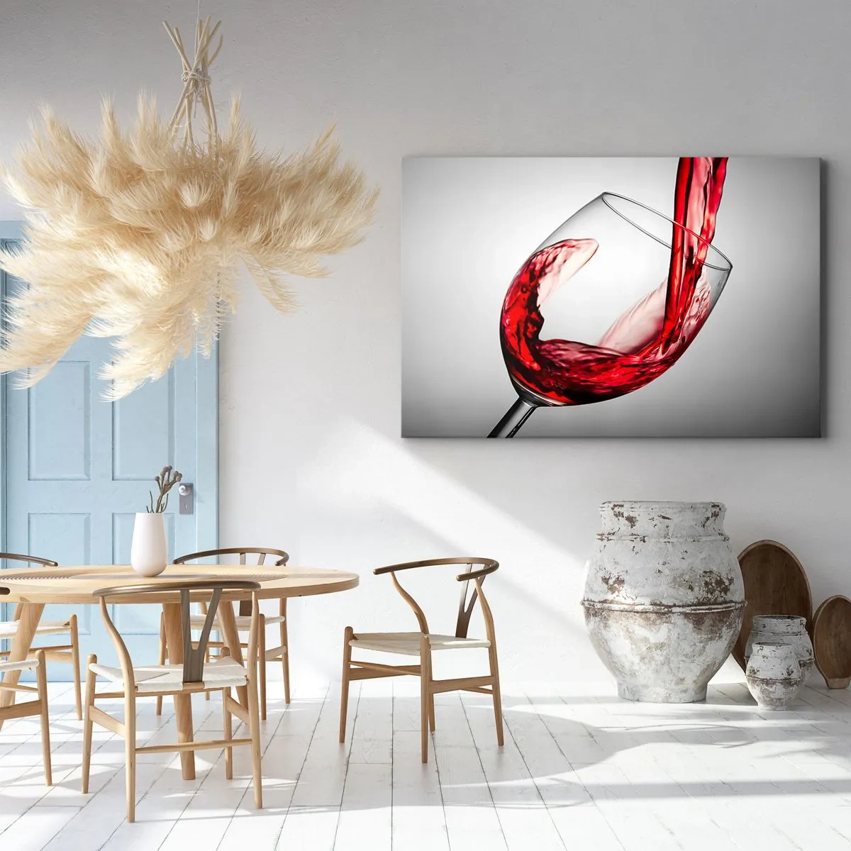 Quadro em tela - Uma taça de vinho tinto sendo servida sobre um fundo claro - 70x50cm - Cor - movimento - som - Decoração de parede moderna para a sala de estar e quarto ARTTOR