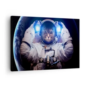 Quadro em tela - Um gato em um traje de astronauta com a Terra ao fundo e uma luz brilhante. - 70x50cm - Houston, temos um problema - Decoração de parede moderna para a sala de estar e quarto ARTTOR