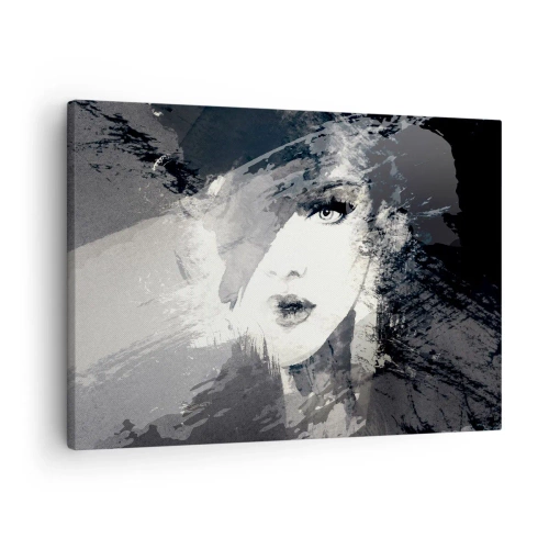 Quadro em tela - Um retrato abstrato de uma mulher em tons de cinza com detalhes delicados. - 70x50cm - Por trás do véu cinzento - Decoração de parede moderna para a sala de estar e quarto ARTTOR
