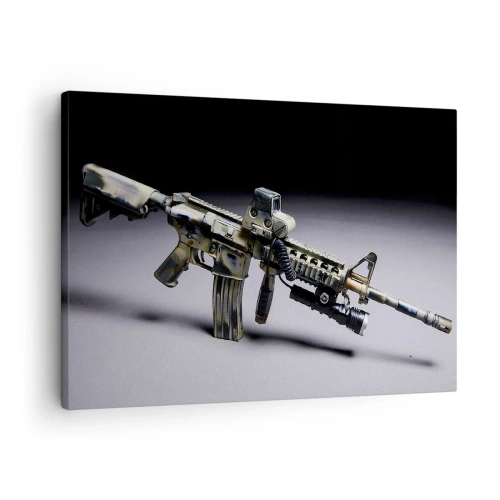 Quadro em tela - Arma moderna em cor camuflada sobre fundo escuro - 70x50cm - Sempre perigoso - Decoração de parede moderna para a sala de estar e quarto ARTTOR