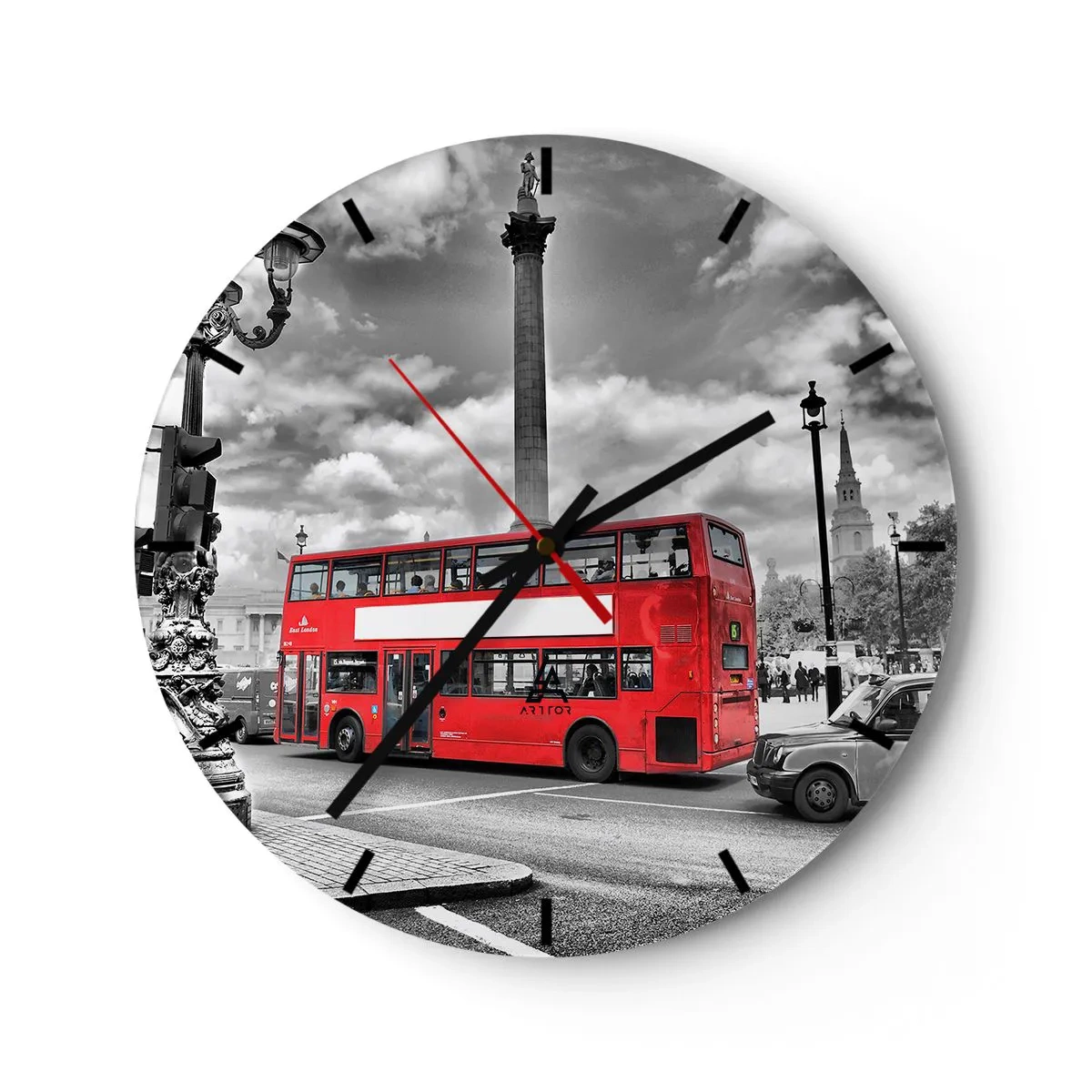 Relógio de parede - Relógio em vidro - Um ônibus vermelho de dois andares com o horizonte de Londres como pano de fundo - 30x30cm - A verdadeira corrente sanguínea da cidade - Decoração de parede moderna para a sala de estar, cozinha e quarto ARTTOR