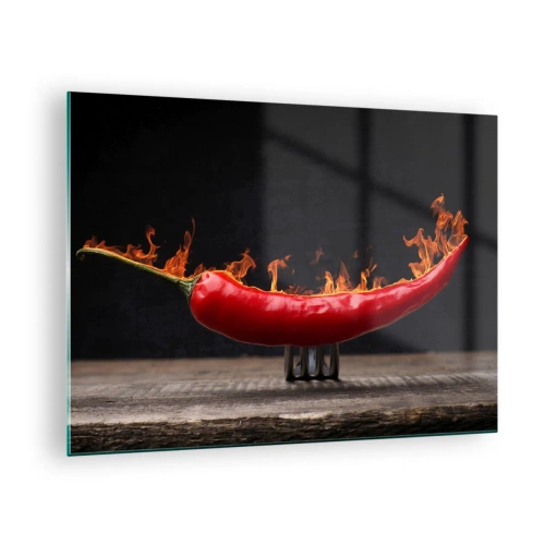 Quadro em vidro - Pimenta vermelha queimando em um fundo preto - 70x50cm - Aperitivo de fogo - Decoração de parede moderna para a sala de estar e quarto ARTTOR