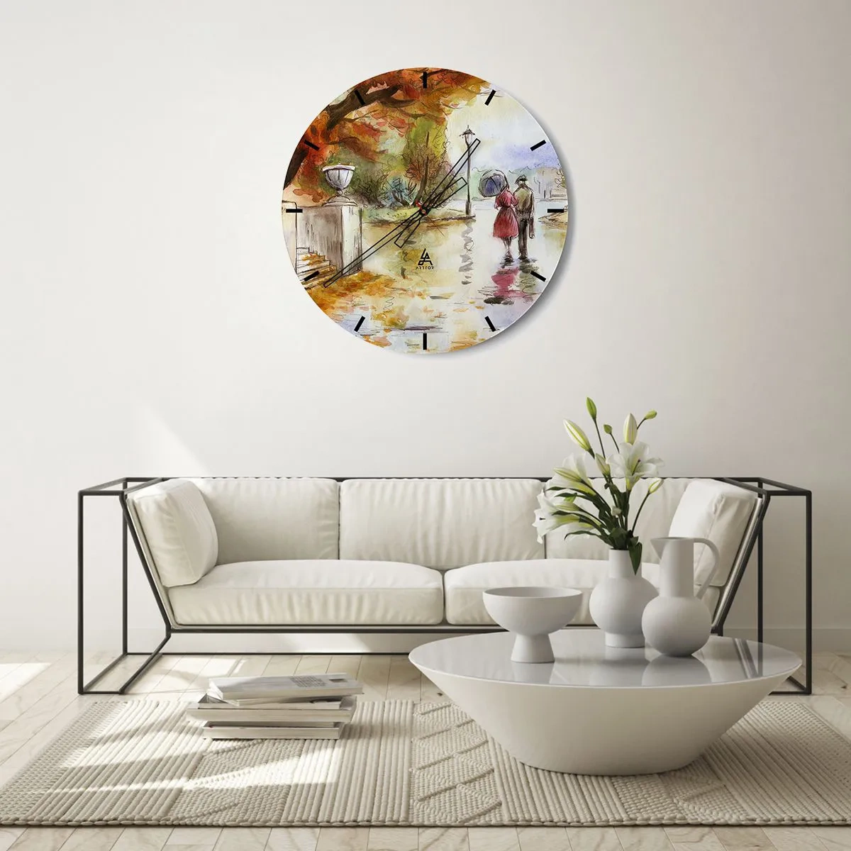 Relógio de parede - Relógio em vidro - Um passeio de outono no parque pintado em aquarela - 30x30cm - Outono romântico no parque - Decoração de parede moderna para a sala de estar, cozinha e quarto ARTTOR