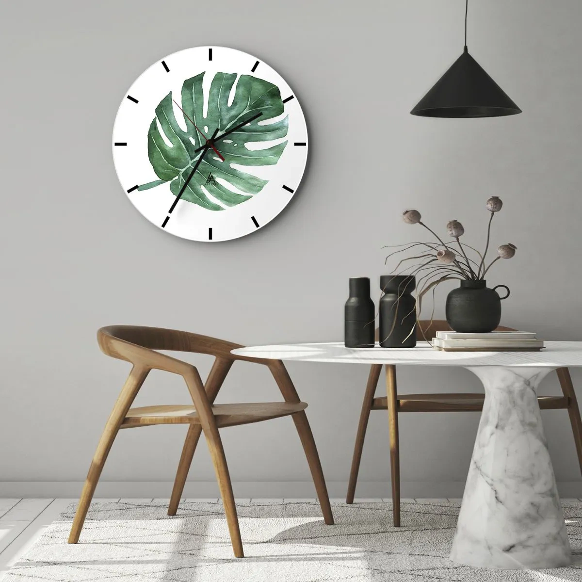 Relógio de parede - Relógio em vidro - Ilustração em aquarela de uma folha de monstera - 30x30cm - Conceito verde - Decoração de parede moderna para a sala de estar, cozinha e quarto ARTTOR