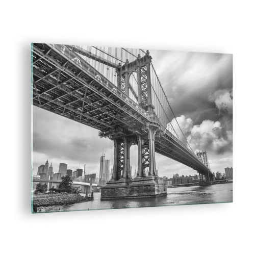 Quadro em vidro - Uma ponte suspensa em um ambiente monocromático - 70x50cm - Ao coração da cidade - Decoração de parede moderna para a sala de estar e quarto ARTTOR