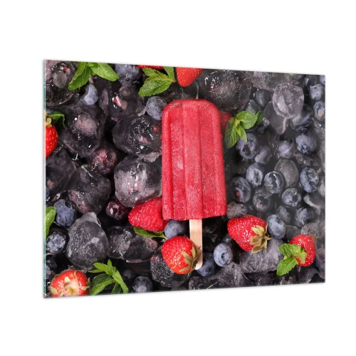 Quadro em vidro - Um pedaço de gelo entre frutas congeladas e folhas de hortelã - 70x50cm - O sabor de um verão quente - Decoração de parede moderna para a sala de estar e quarto ARTTOR