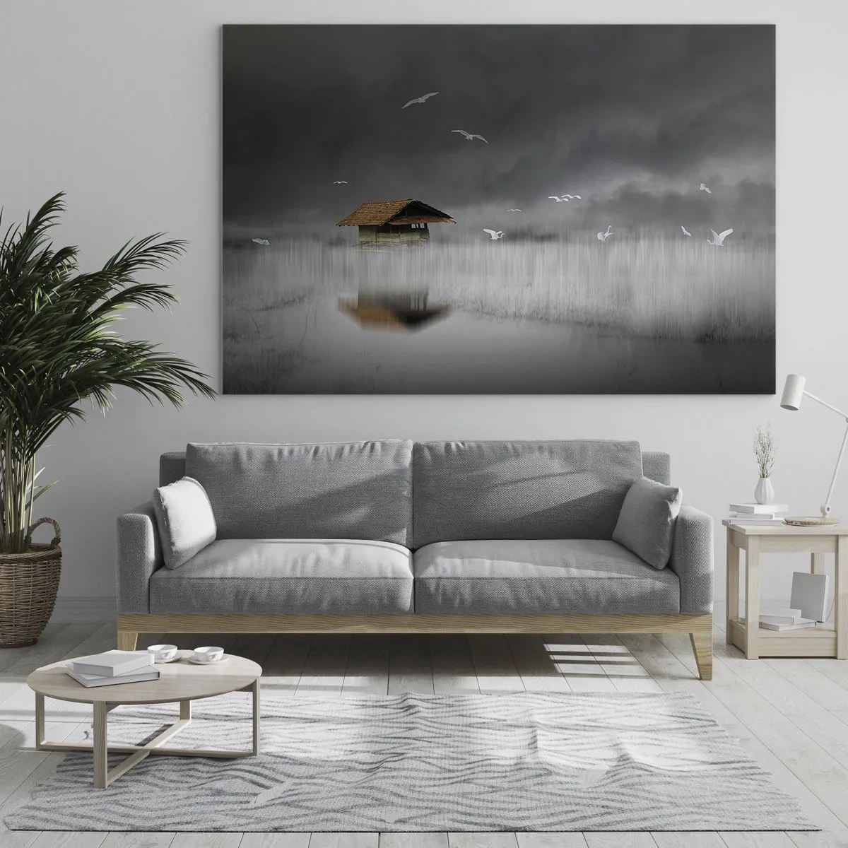 Quadro em vidro - Uma casa na água no nevoeiro com pássaros voando - 70x50cm - Abrigo da chuva - Decoração de parede moderna para a sala de estar e quarto ARTTOR