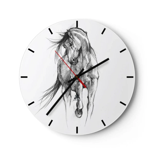 Relógio de parede - Relógio em vidro - Um esboço a lápis de um cavalo galopando em um fundo branco. - 30x30cm - Num trote gracioso - Decoração de parede moderna para a sala de estar, cozinha e quarto ARTTOR