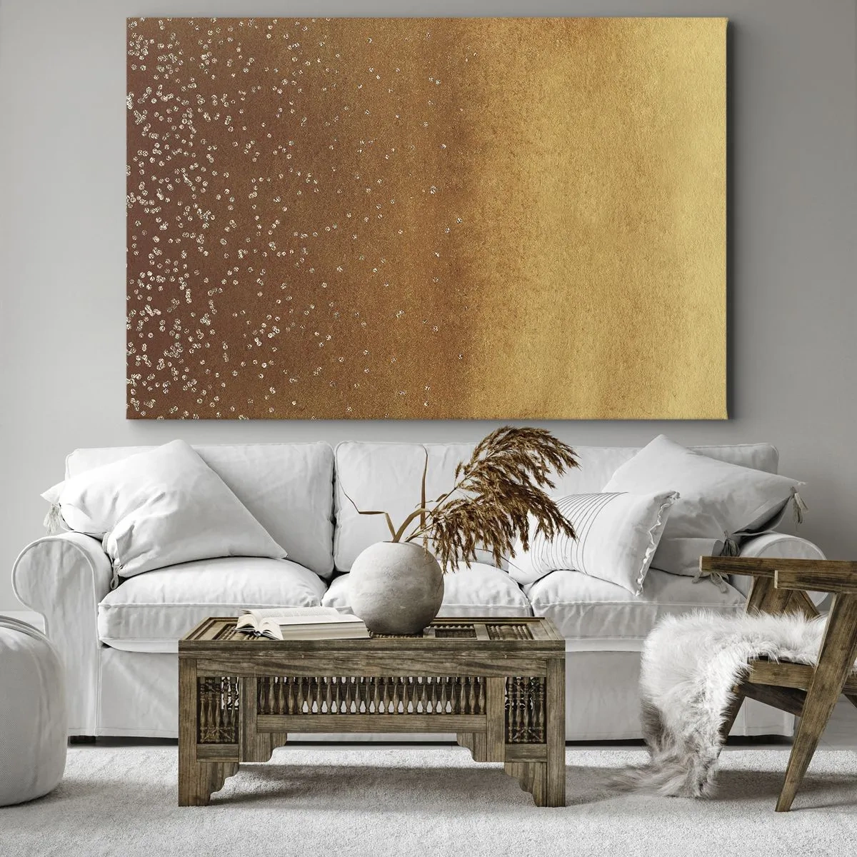 Quadro em tela - Um gradiente dourado com brilho sutil e embelezamento - 70x50cm - O nascimento da luz - Decoração de parede moderna para a sala de estar e quarto ARTTOR