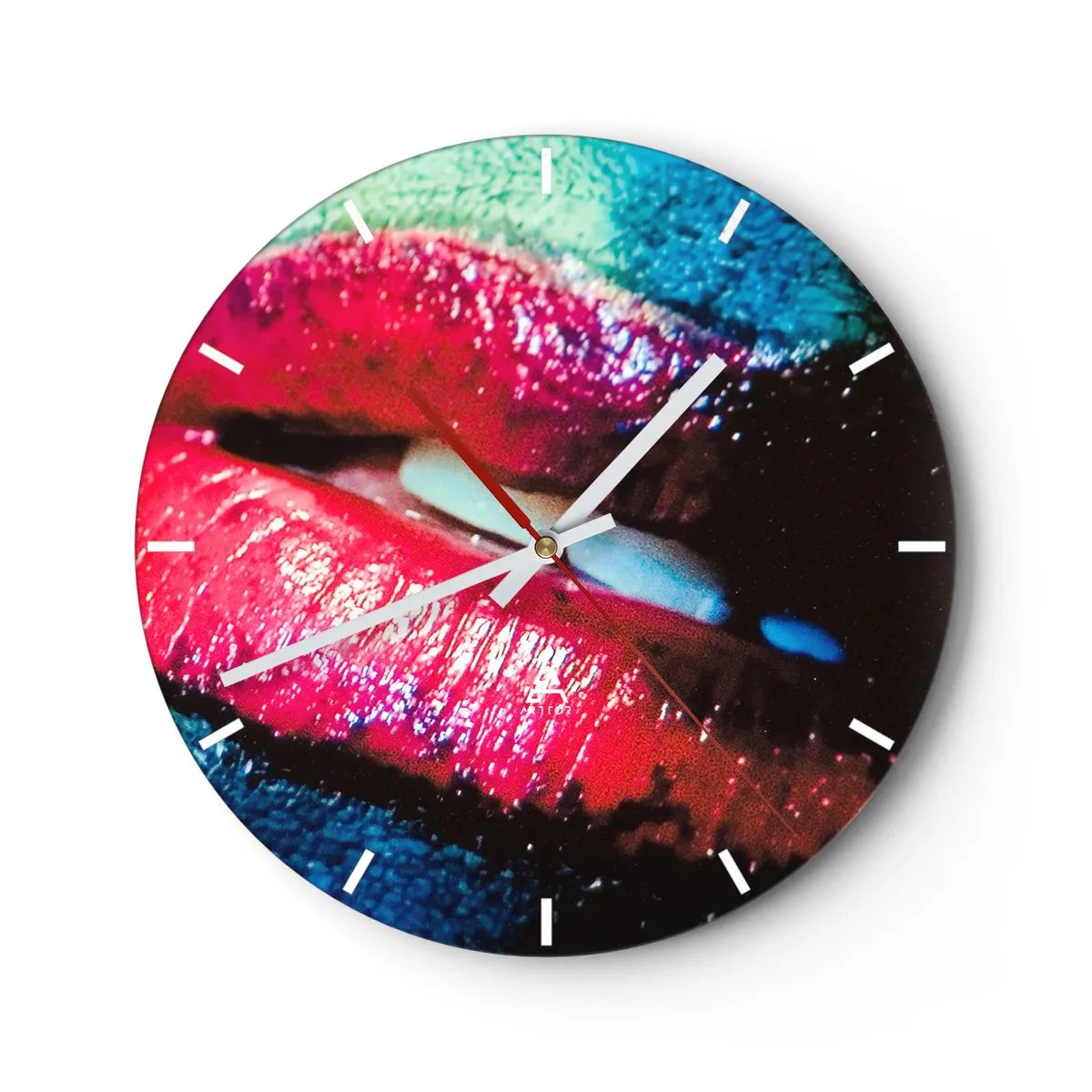 Relógio de parede - Relógio em vidro - Close artístico de lábios com cores intensas - 30x30cm - Sensual e perturbador - Decoração de parede moderna para a sala de estar, cozinha e quarto ARTTOR