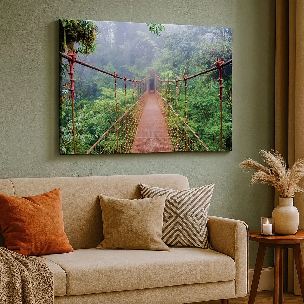 Quadro em tela - Uma ponte suspensa em uma selva tropical cercada por neblina - 70x50cm - Suspenso acima das copas - Decoração de parede moderna para a sala de estar e quarto ARTTOR