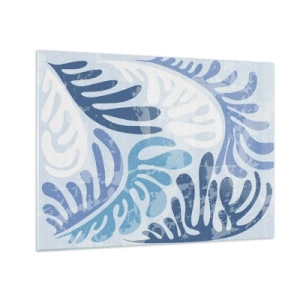 Quadro em vidro - Folhas de samambaia decorativas em tons de azul sobre fundo claro - 70x50cm - Samambaias azuis - Decoração de parede moderna para a sala de estar e quarto ARTTOR