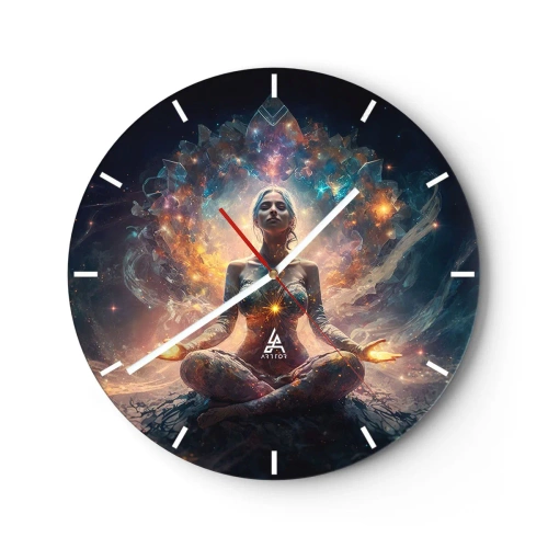 Relógio de parede - Relógio em vidro - Uma mulher em meditação cercada pela energia das cores da galáxia. - 30x30cm - Fluxo de boa energia - Decoração de parede moderna para a sala de estar, cozinha e quarto ARTTOR