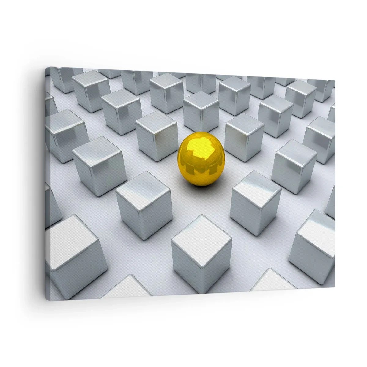 Quadro em tela - Uma esfera dourada destacando-se entre os cubos prateados - 70x50cm - Por que eu? Obras de arte geométricas - Decoração de parede moderna para a sala de estar e quarto ARTTOR