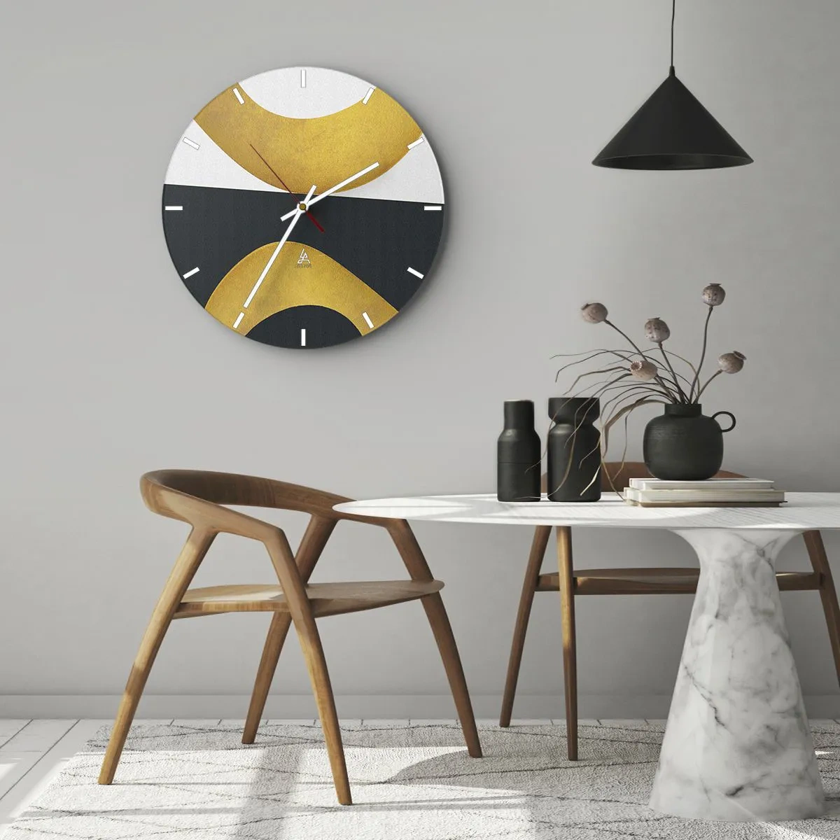 Relógio de parede - Relógio em vidro - Formas douradas abstratas em um fundo preto e branco - 30x30cm - Primeiro: ouro - Decoração de parede moderna para a sala de estar, cozinha e quarto ARTTOR