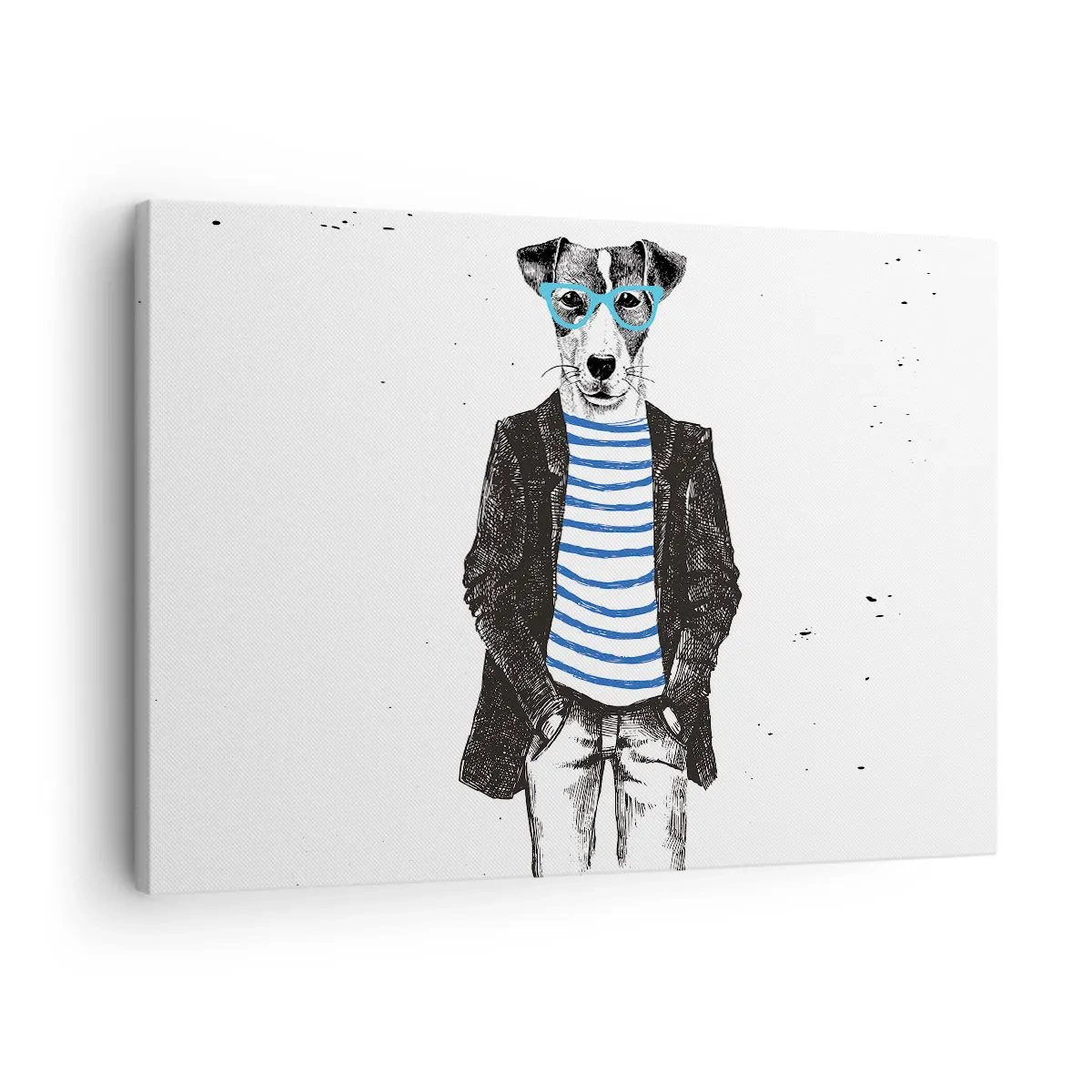 Quadro em tela - Retrato de um cachorro usando óculos e uma camisa de marinheiro em um estilo humorístico - 70x50cm - O charme do cão - Decoração de parede moderna para a sala de estar e quarto ARTTOR