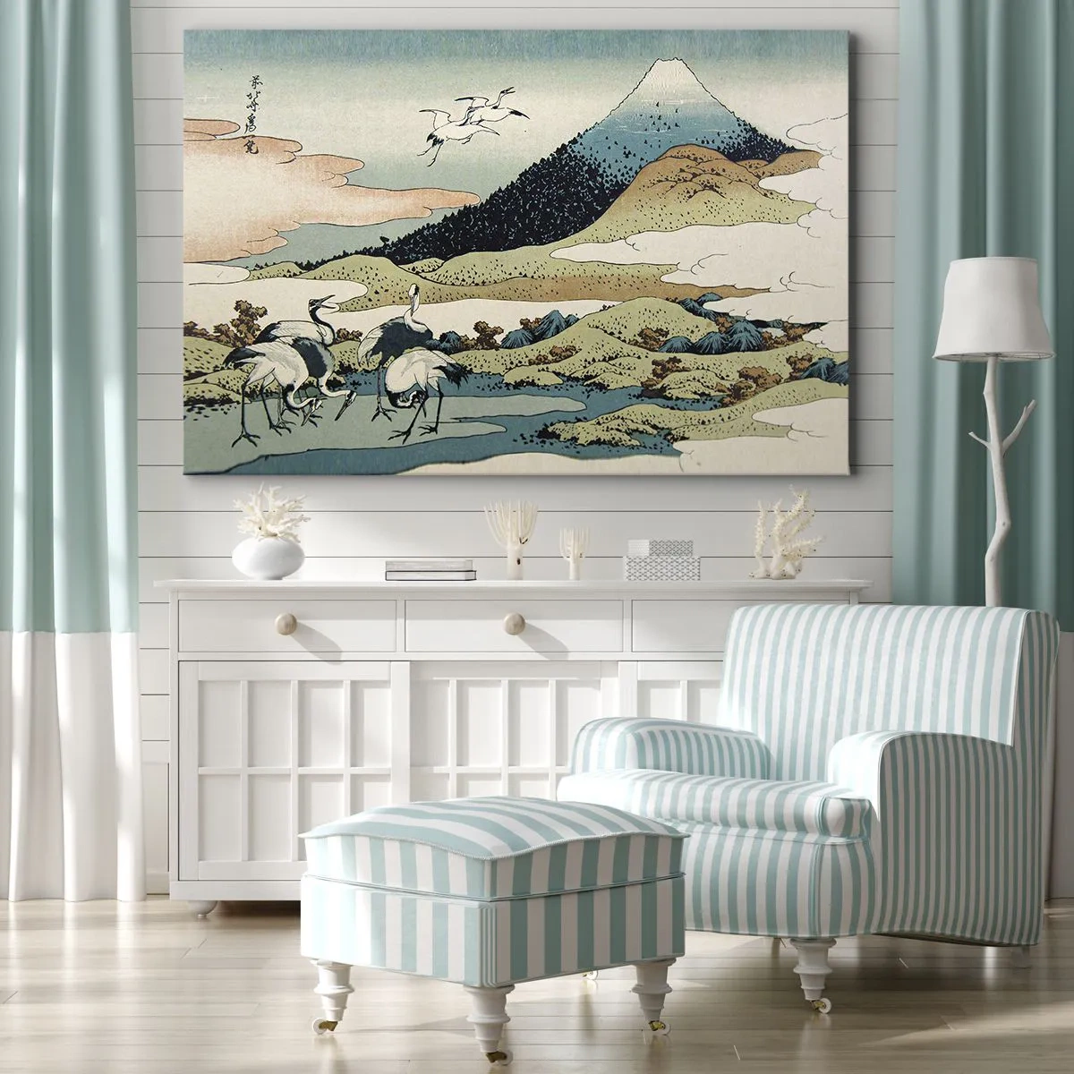 Quadro em tela - Gráficos tradicionais japoneses com montanhas e guindastes - 70x50cm - No espírito japonês - Decoração de parede moderna para a sala de estar e quarto ARTTOR