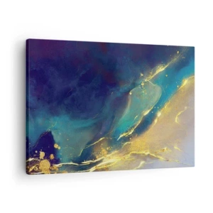 Quadro em tela - Composição abstrata em tons de azul e dourado sobre tela - 70x50cm - Piscina dourada - Decoração de parede moderna para a sala de estar e quarto ARTTOR