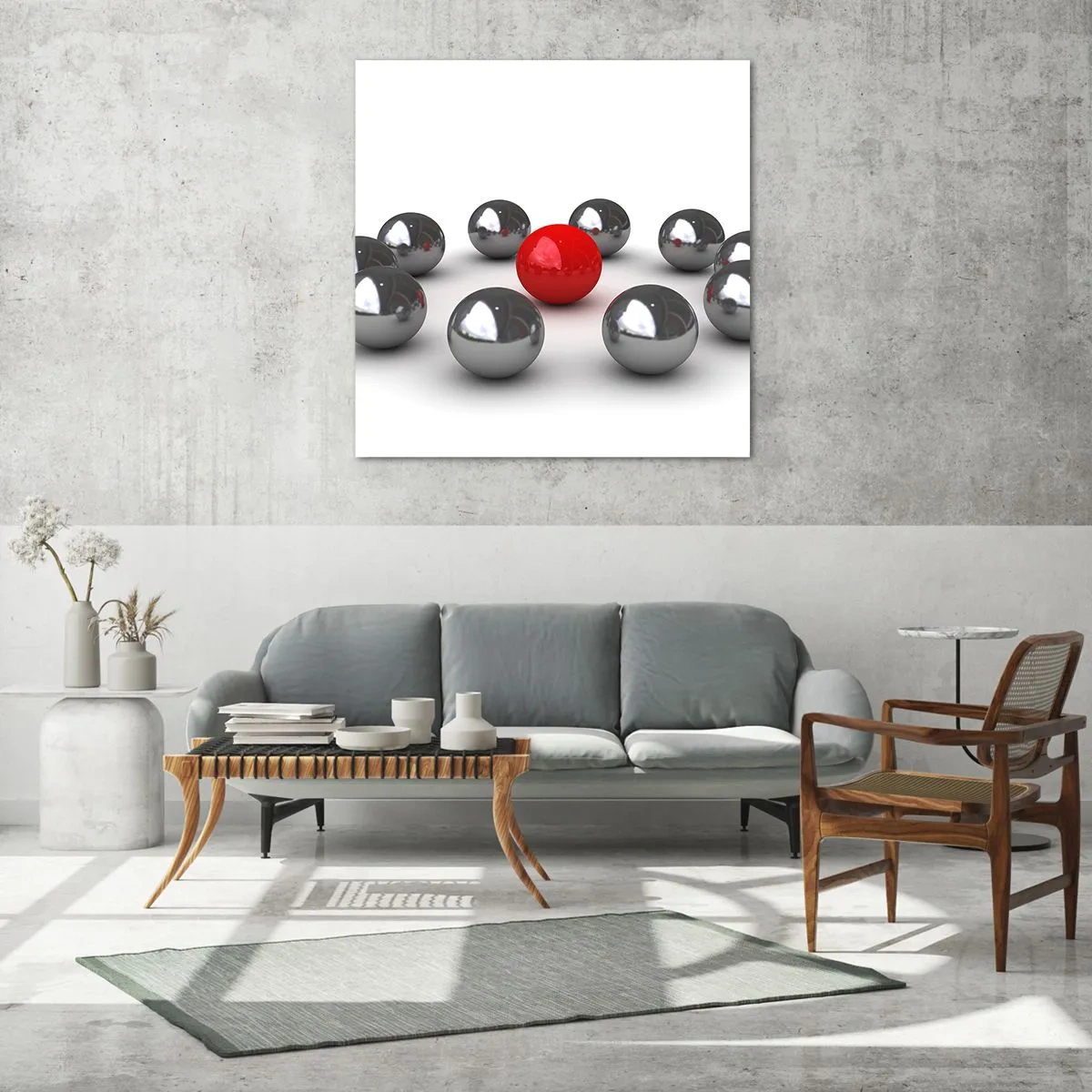 Quadro em vidro - Círculo em prata e vermelho - 50x50 cm