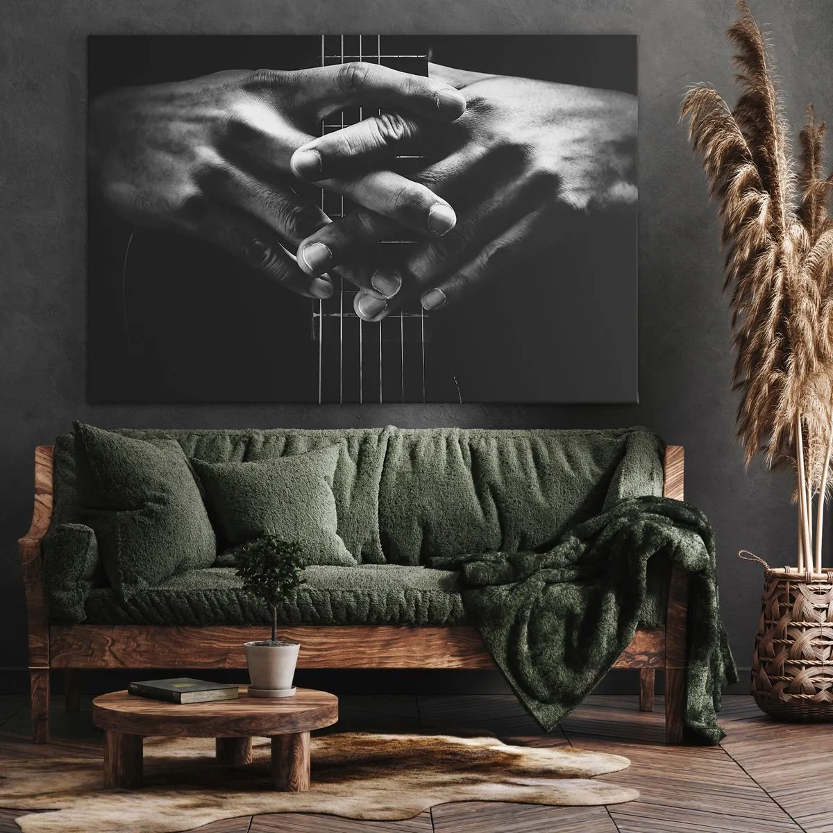 Quadro em tela - Mãos entrelaçadas sobre um violão em tom monocromático - 70x50cm - Oração do artista - Decoração de parede moderna para a sala de estar e quarto ARTTOR