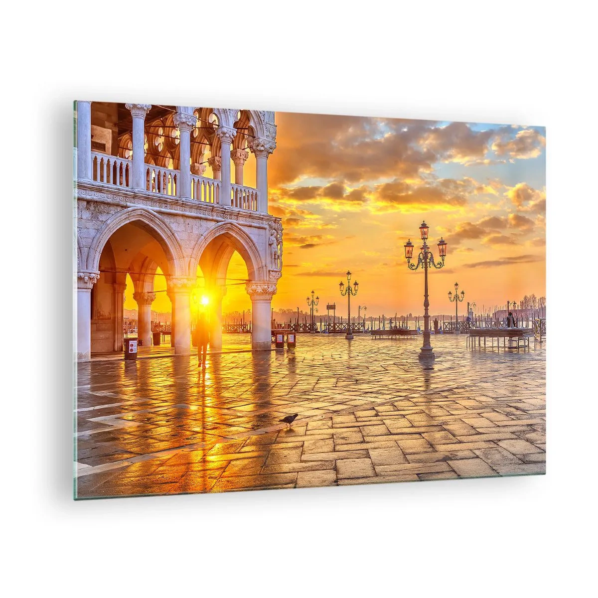 Quadro em vidro - Nascer do sol sobre as arcadas e a praça - 70x50cm - Onde está todo mundo? - Decoração de parede moderna para a sala de estar e quarto ARTTOR
