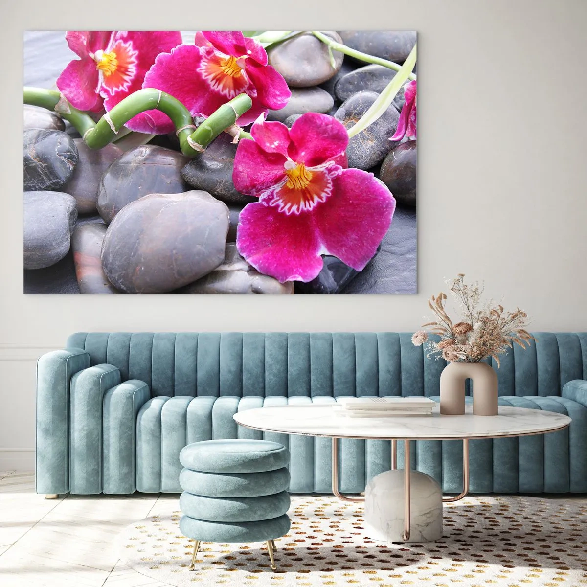 Quadro em vidro - Orquídeas rosas com bambu em pedras - 70x50cm - Frio e calor - Decoração de parede moderna para a sala de estar e quarto ARTTOR