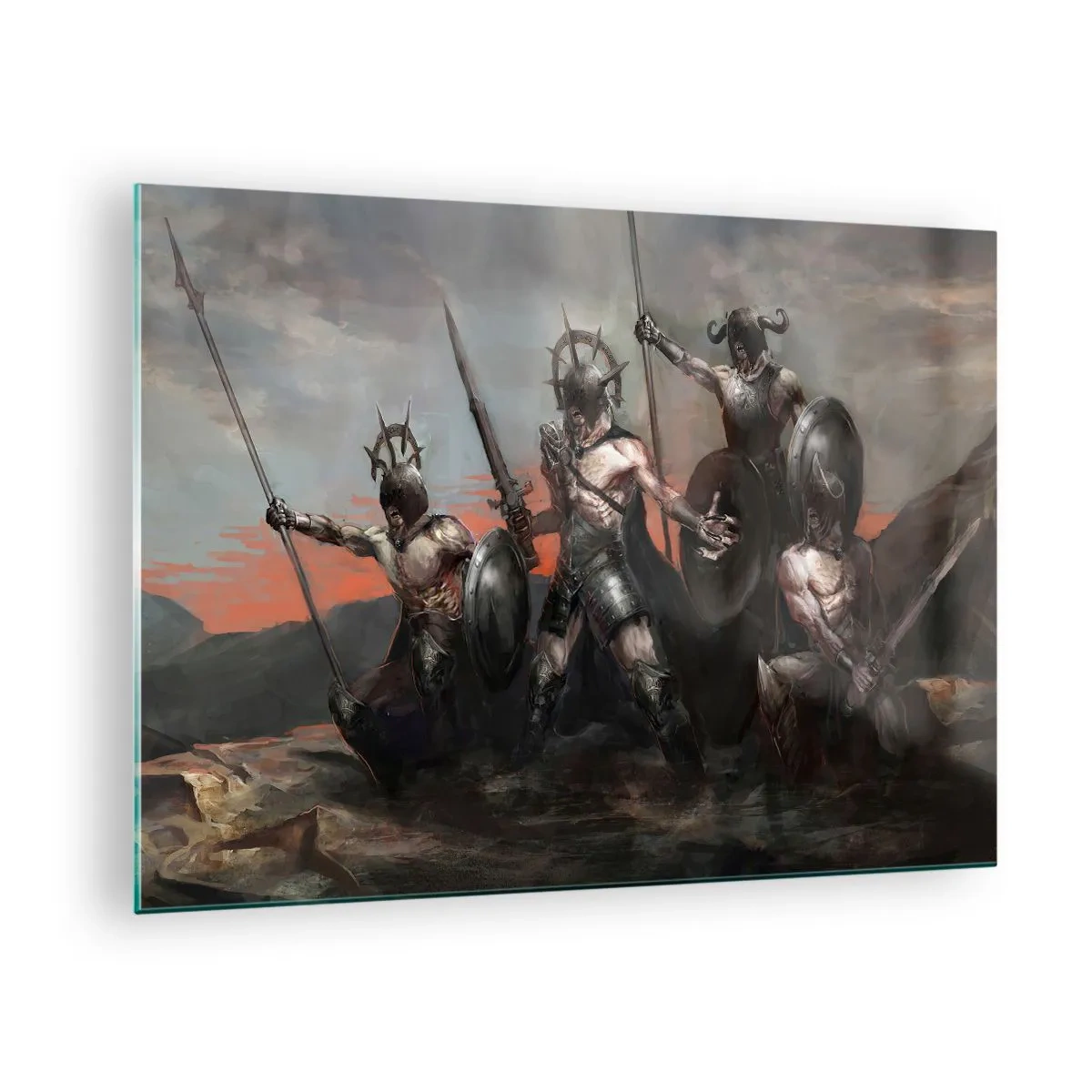 Quadro em vidro - Guerreiros com lanças e escudos contra o céu vermelho - 70x50cm - Com ou em um escudo - Decoração de parede moderna para a sala de estar e quarto ARTTOR