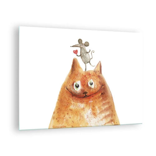 Quadro em vidro - Um gato com um rato na cabeça em um estilo humorístico - 70x50cm - Paradoxos do amor - Decoração de parede moderna para a sala de estar e quarto ARTTOR