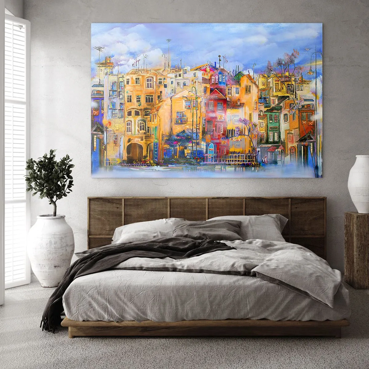 Quadro em vidro - Casas coloridas em um ambiente urbano artístico - 70x50cm - Estamos juntos - Decoração de parede moderna para a sala de estar e quarto ARTTOR