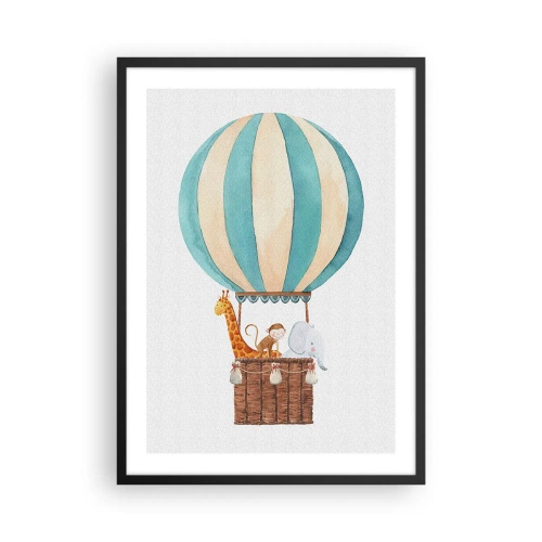 Pôster com moldura preta - Ilustração em aquarela de um balão de ar quente com animais fofos - 50x70cm - Viagem fantástica - Decoração de parede moderna para a sala de estar e quarto ARTTOR