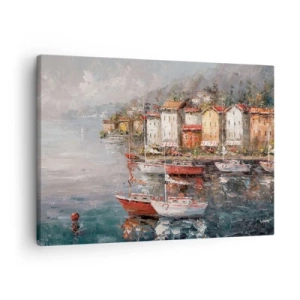Quadro em tela - Paisagem litorânea com barcos e casas coloridas - 70x50cm - Refúgio romântico - Decoração de parede moderna para a sala de estar e quarto ARTTOR