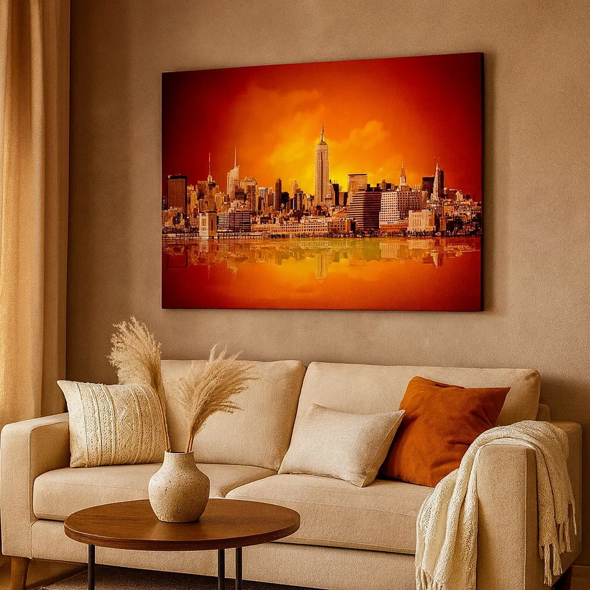 Quadro em tela - Panorama da cidade ao pôr do sol com edifícios refletidos na água - 70x50cm - Panorama metropolitano em amarelo e bronze - Decoração de parede moderna para a sala de estar e quarto ARTTOR