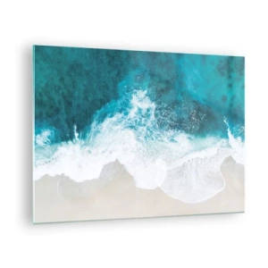 Quadro em vidro - Foto aérea de ondas do mar quebrando contra a costa - 70x50cm - Carícia natural - Decoração de parede moderna para a sala de estar e quarto ARTTOR