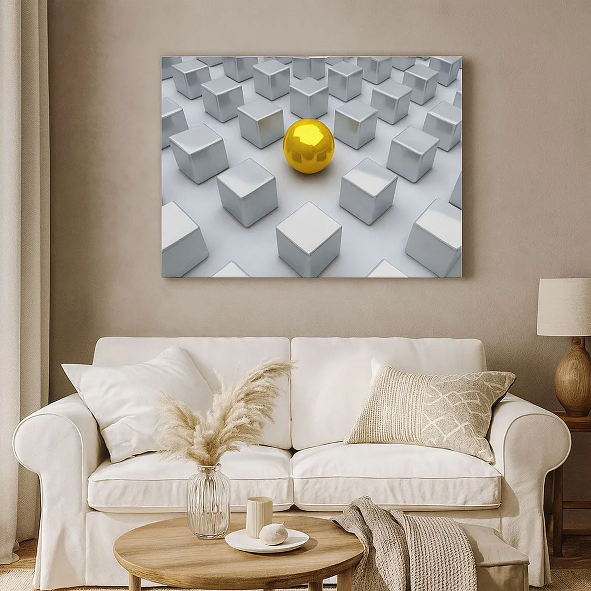 Quadro em tela - Uma esfera dourada destacando-se entre os cubos prateados - 70x50cm - Por que eu? Obras de arte geométricas - Decoração de parede moderna para a sala de estar e quarto ARTTOR