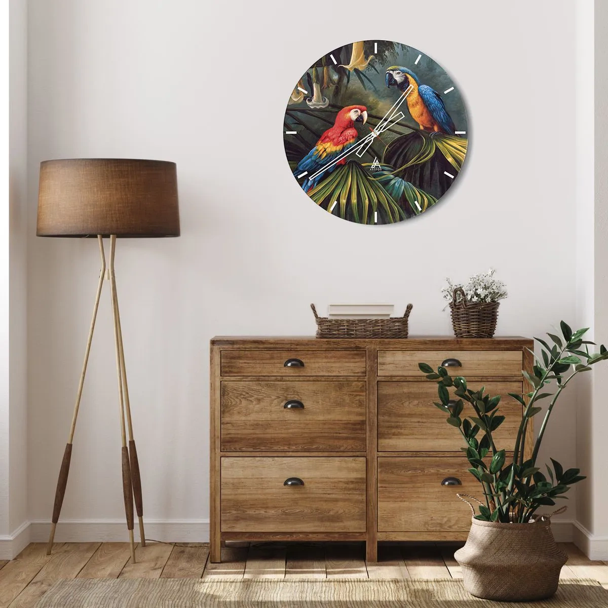 Relógio de parede - Relógio em vidro - Dois papagaios coloridos sentados em folhas tropicais - 30x30cm - Romantismo nos trópicos - Decoração de parede moderna para a sala de estar, cozinha e quarto ARTTOR