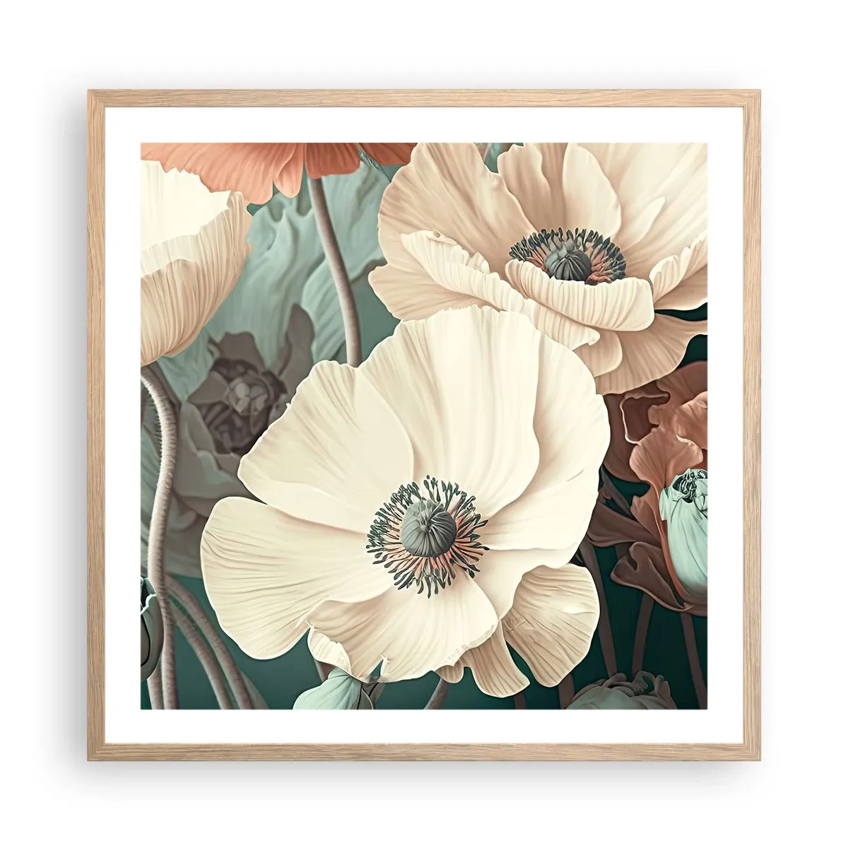 Pôster com moldura de carvalho claro - O sussurro das papoulas - 60x60 cm