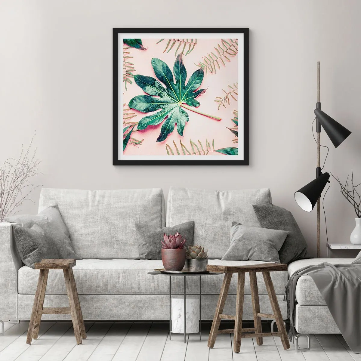 Pôster com moldura preta - Estudo do verde em um fundo rosa - 30x30 cm