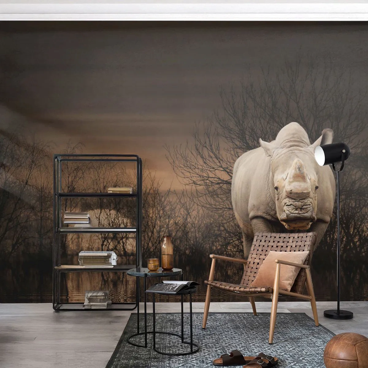 Papel de Parede Premium Sand - Branco contra a natureza - Rinoceronte, Animais, África - 450x315 cm