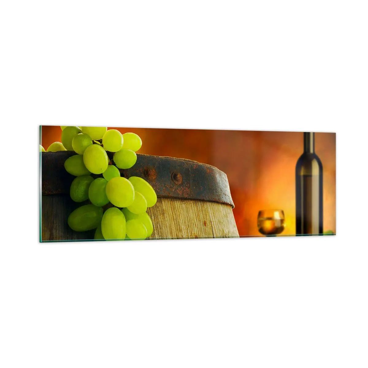 Quadro em vidro - Natureza morta com uma garrafa de vinho e um cacho de uvas - 90x30 cm