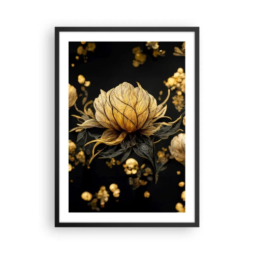 Pôster com moldura preta - Uma flor dourada sobre um fundo preto em uma composição elegante - 50x70cm - Fragilidade sutil - Decoração de parede moderna para a sala de estar e quarto ARTTOR