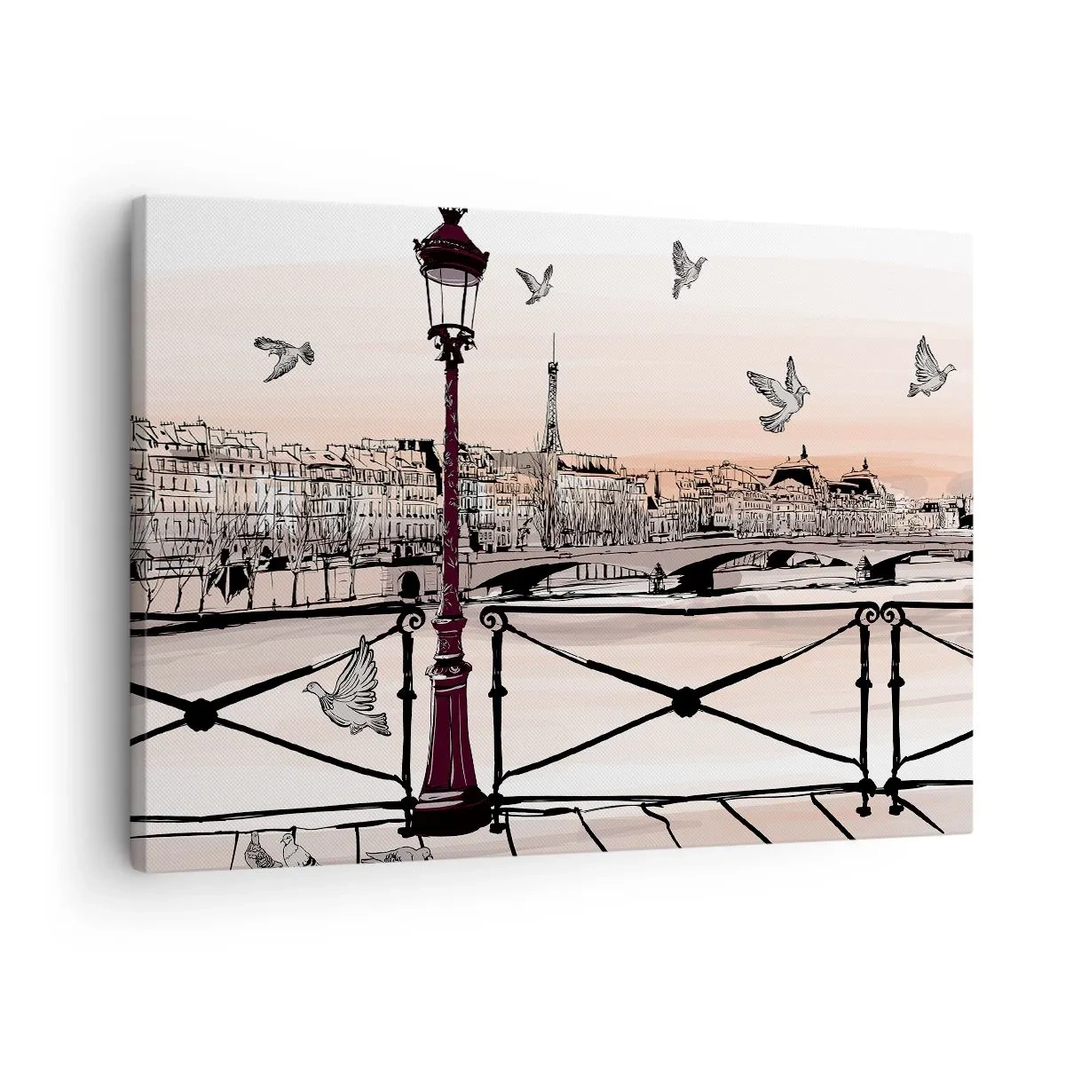 Quadro em tela - Vista parisiense com uma lanterna e uma ponte - 70x50cm - Sobre os telhados de Paris - Decoração de parede moderna para a sala de estar e quarto ARTTOR