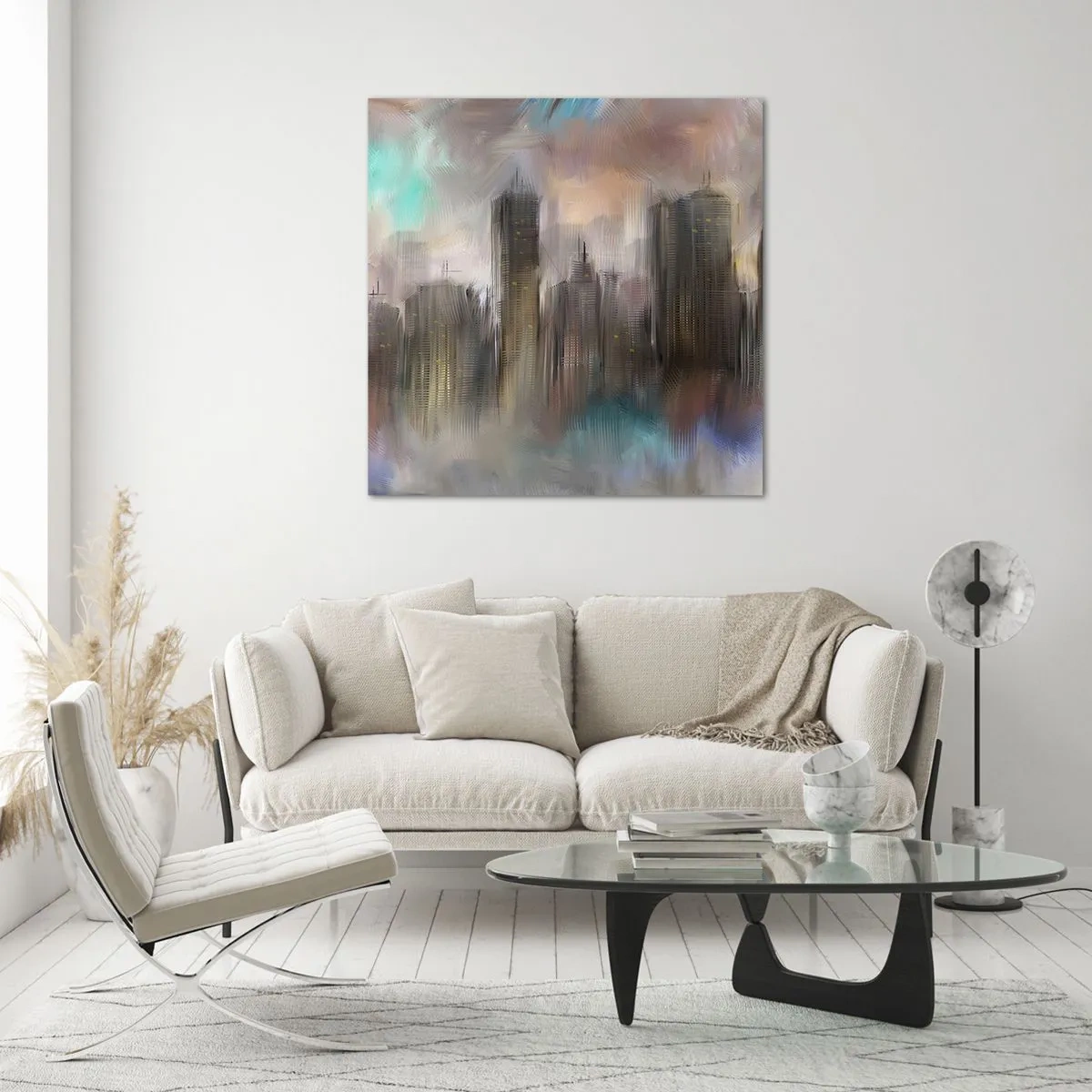 Quadro em vidro - Composição de aço, pedra e névoa - 50x50 cm