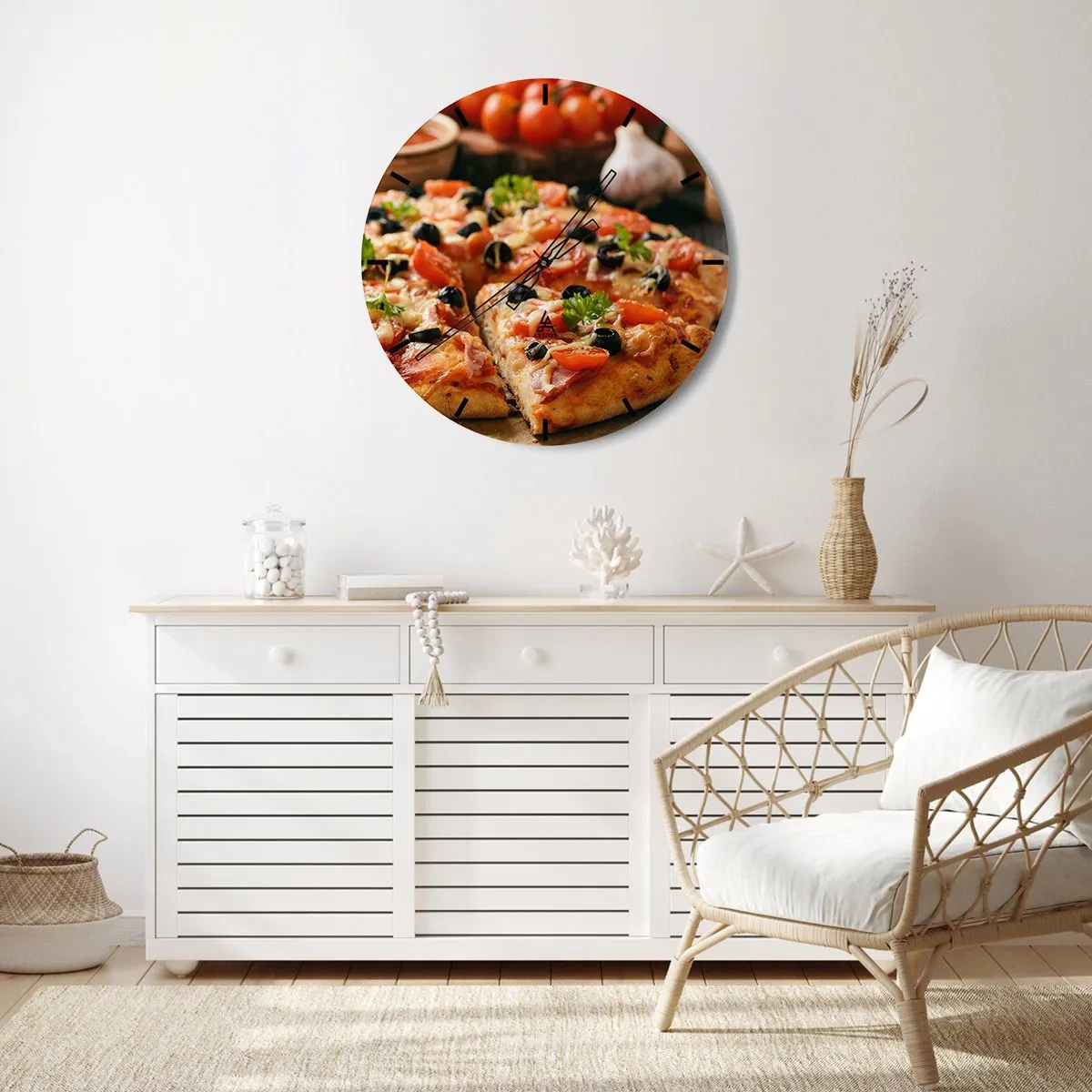 Relógio de parede - Relógio em vidro - Pizza apetitosa com coberturas - 30x30cm - Direto do forno - Decoração de parede moderna para a sala de estar, cozinha e quarto ARTTOR