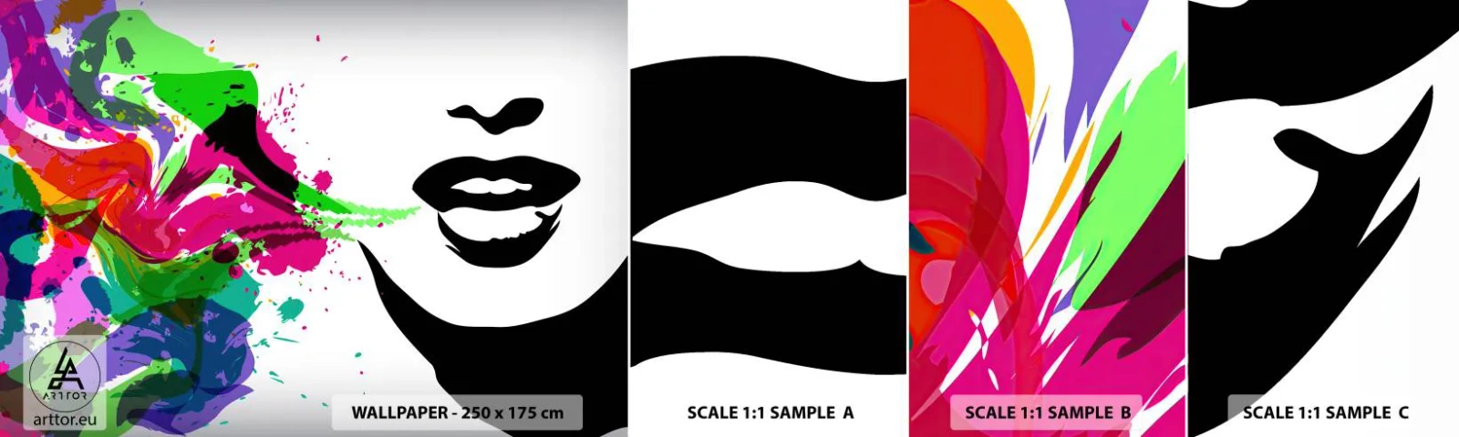 Amostra de Papel de Parede Standard Eco - Uma história nas cores do arco-íris - Abstração, Boca, Gráficos coloridos - 100x30 cm