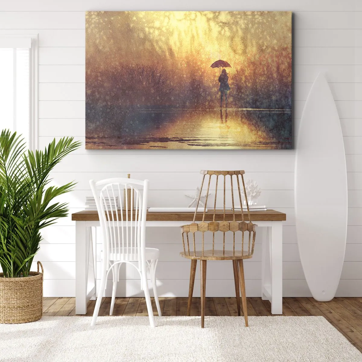 Quadro em tela - Uma figura com um guarda-chuva em uma paisagem enevoada cheia de reflexos - 70x50cm - Sinto alguém a olhar para mim - Decoração de parede moderna para a sala de estar e quarto ARTTOR