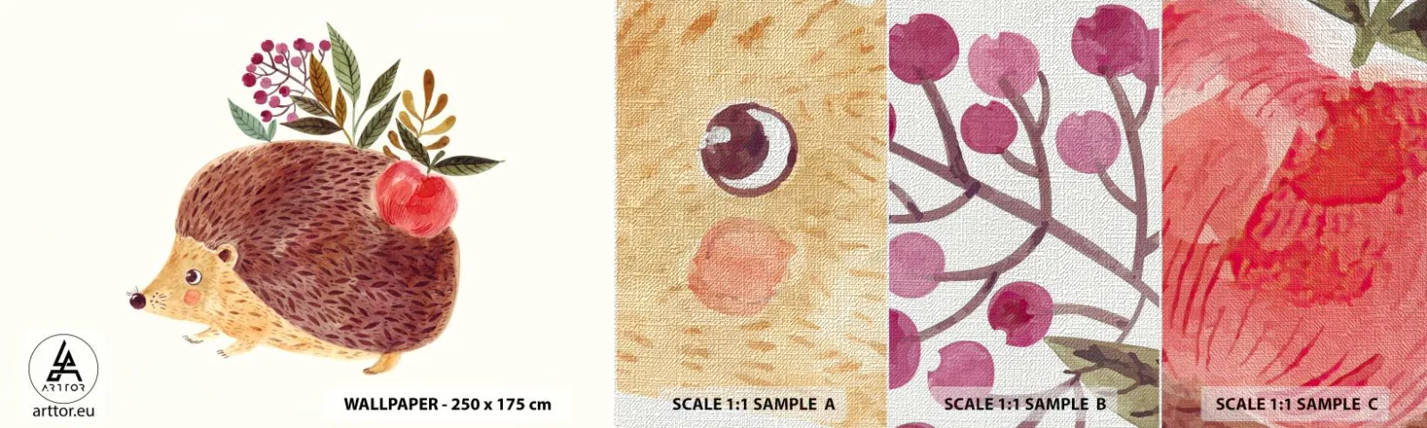 Amostra de papel de parede Premium Canvas - Já gostas de mim - Ouriço, Para crianças, Quarto infantil - 100x30 cm