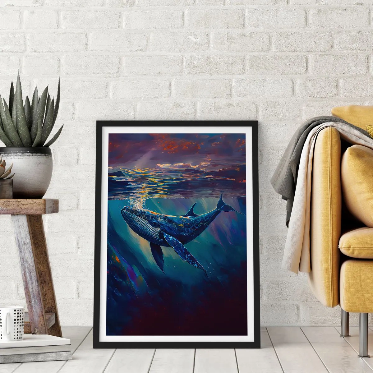 Pôster com moldura preta - Uma imagem sombria de uma baleia sob luz subaquática - 50x70cm - Bem vindo ao meu mundo - Decoração de parede moderna para a sala de estar e quarto ARTTOR